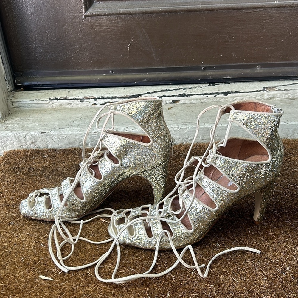 Jeffery Campbell for Free People Gold Sequin Lace Up Heels Gold Glitter Sz 9.5 - Picture 13 of 15